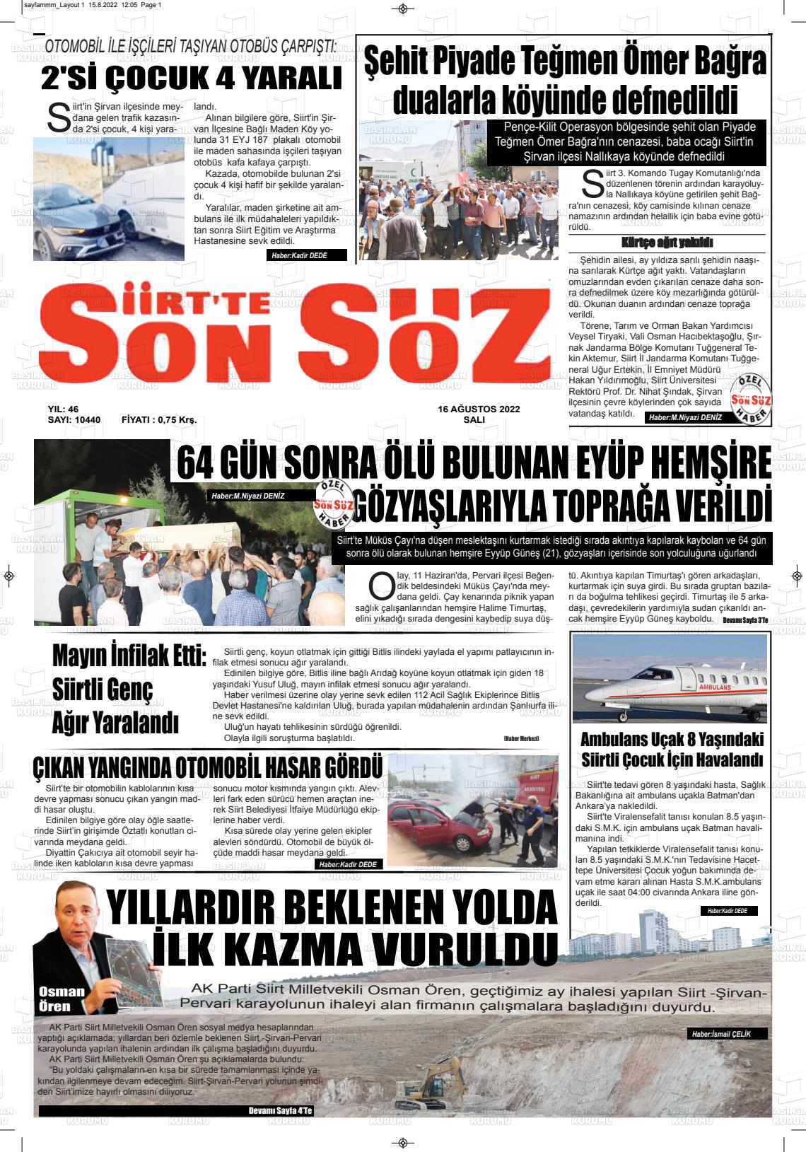 16 Ağustos 2022 Siirt'te Sonsöz Gazete Manşeti