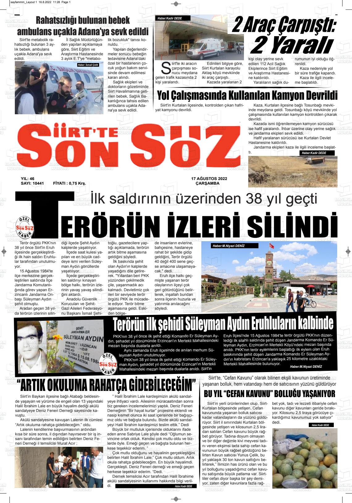 17 Ağustos 2022 Siirt'te Sonsöz Gazete Manşeti