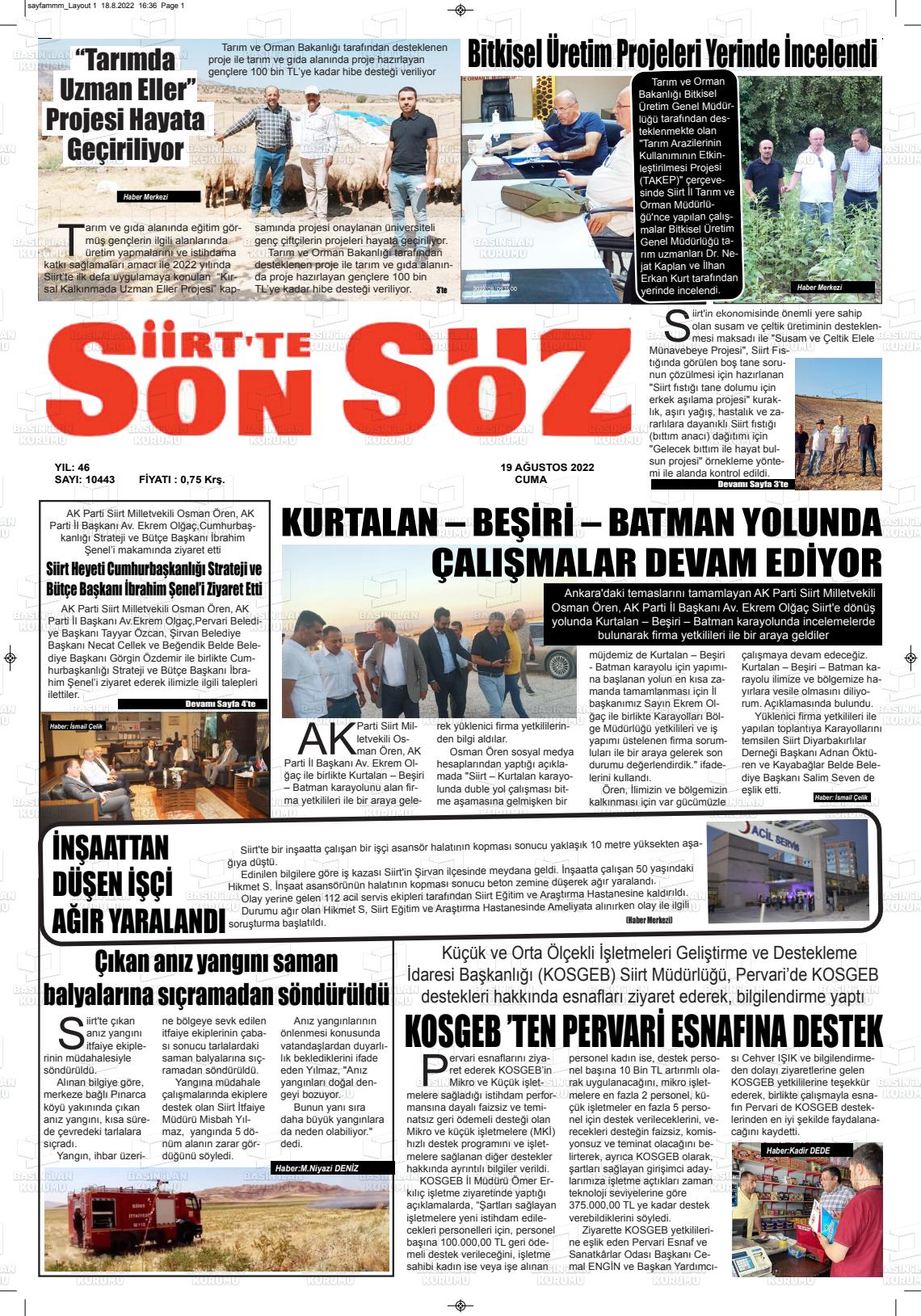 Siirt'te Sonsöz Gazete Manşeti