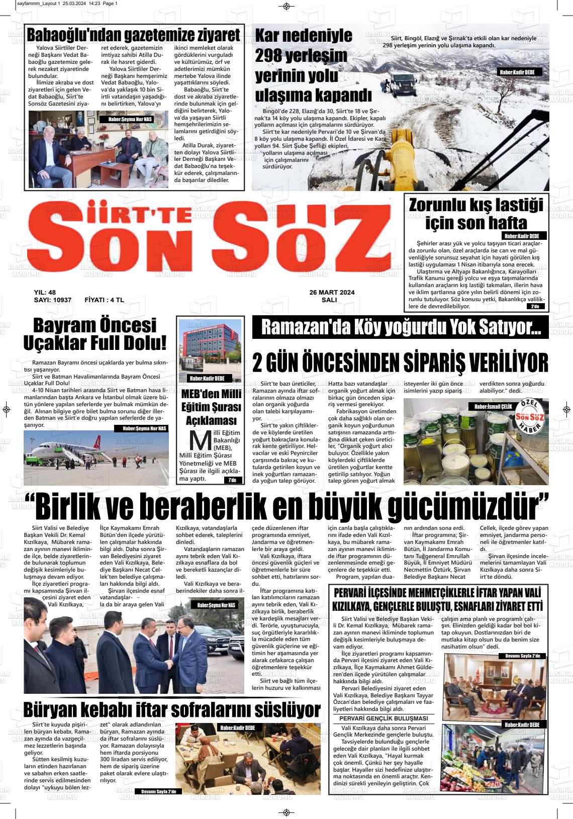 26 Mart 2024 Siirt'te Sonsöz Gazete Manşeti