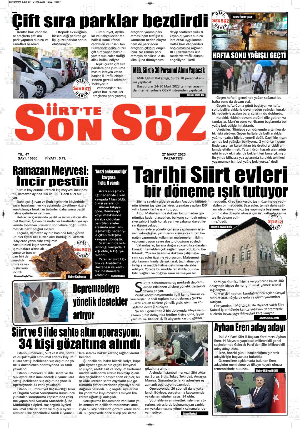 27 Mart 2023 Siirt'te Sonsöz Gazete Manşeti