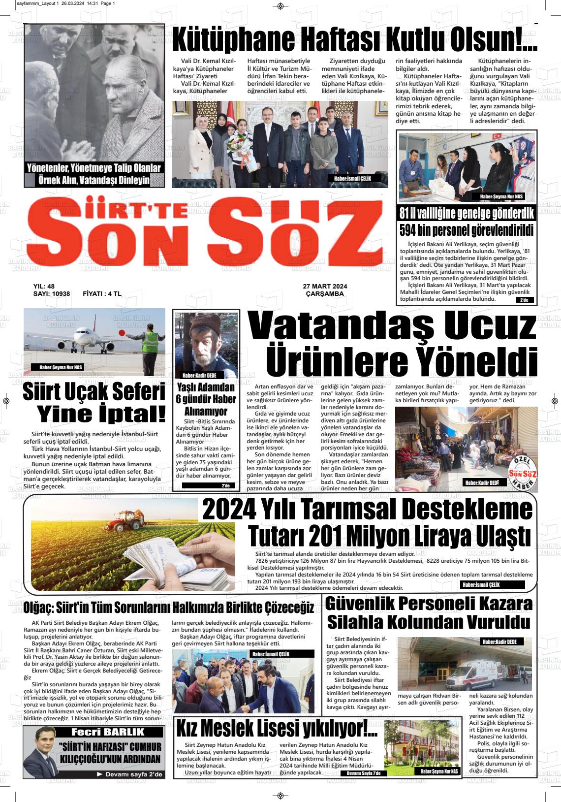 27 Mart 2024 Siirt'te Sonsöz Gazete Manşeti