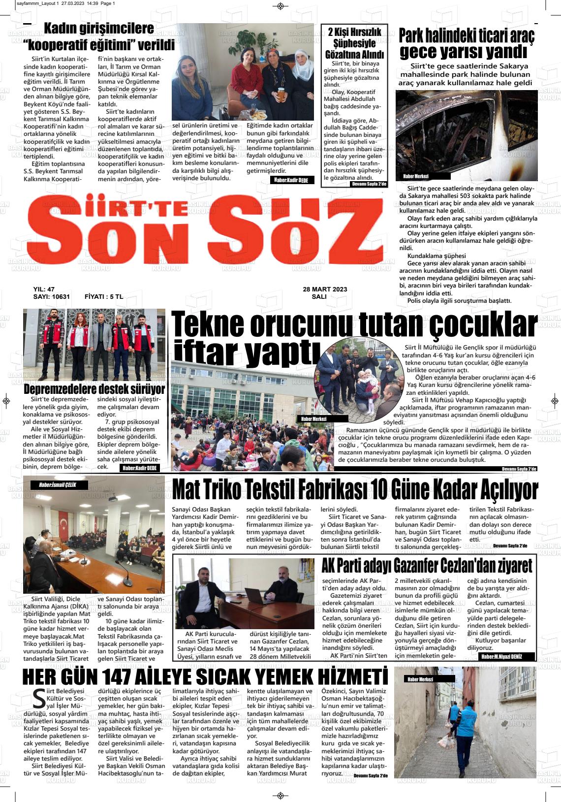 28 Mart 2023 Siirt'te Sonsöz Gazete Manşeti