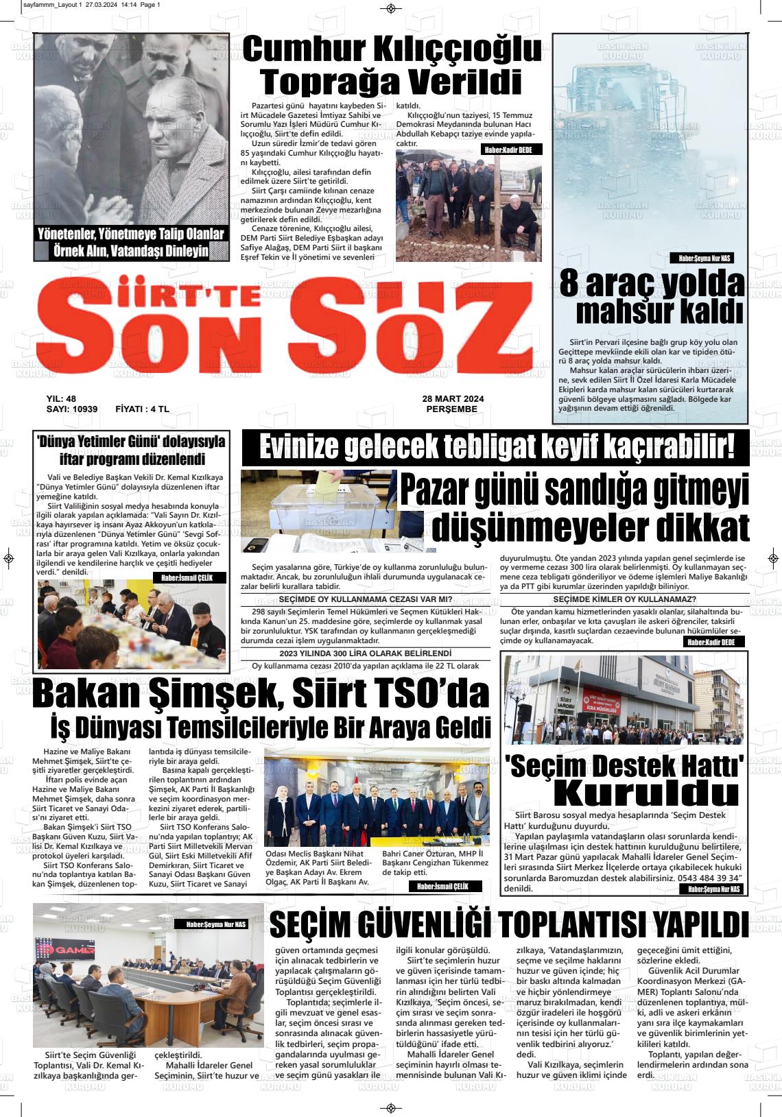 28 Mart 2024 Siirt'te Sonsöz Gazete Manşeti