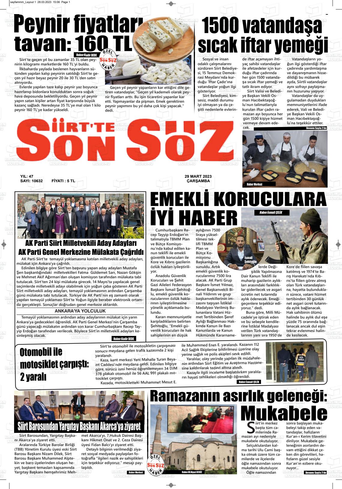 29 Mart 2023 Siirt'te Sonsöz Gazete Manşeti