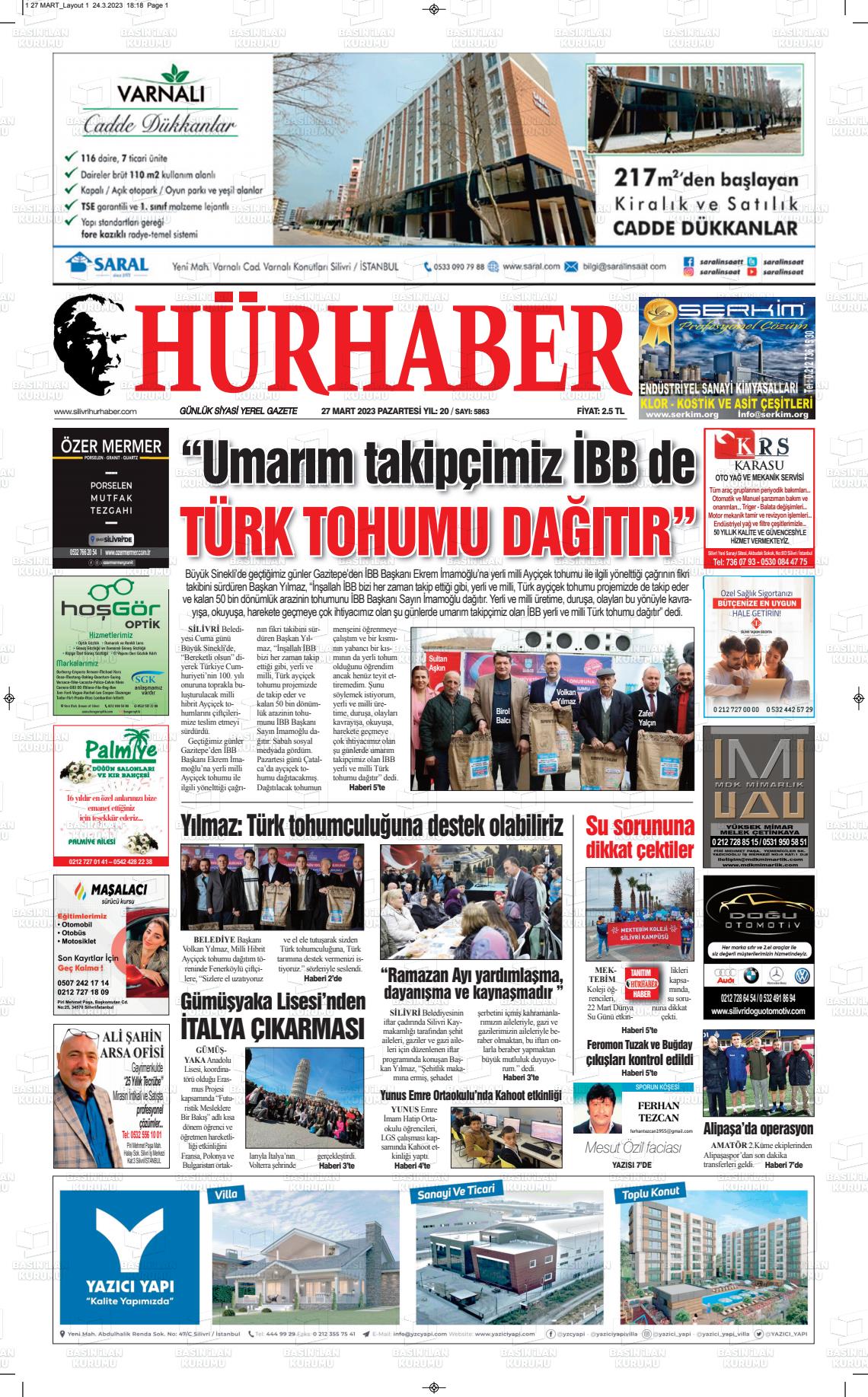 27 Mart 2023 Hürhaber Gazete Manşeti