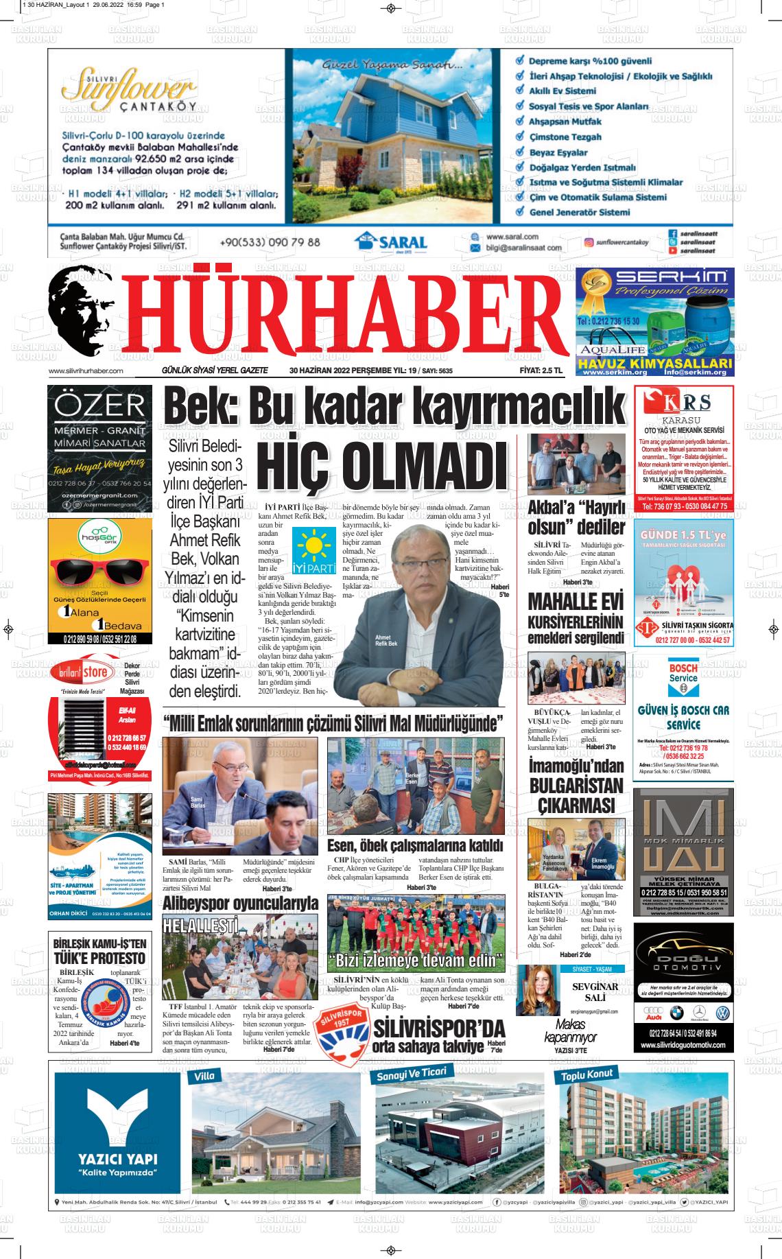 01 Temmuz 2022 Hürhaber Gazete Manşeti