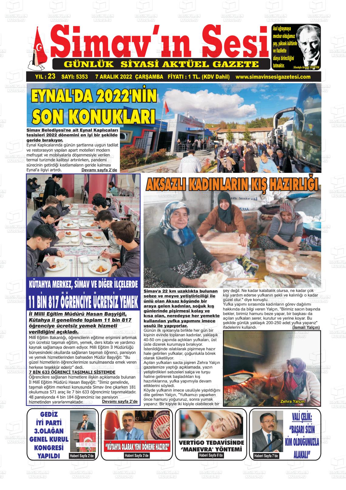 07 Aralık 2022 Simav'ın Sesi Gazete Manşeti