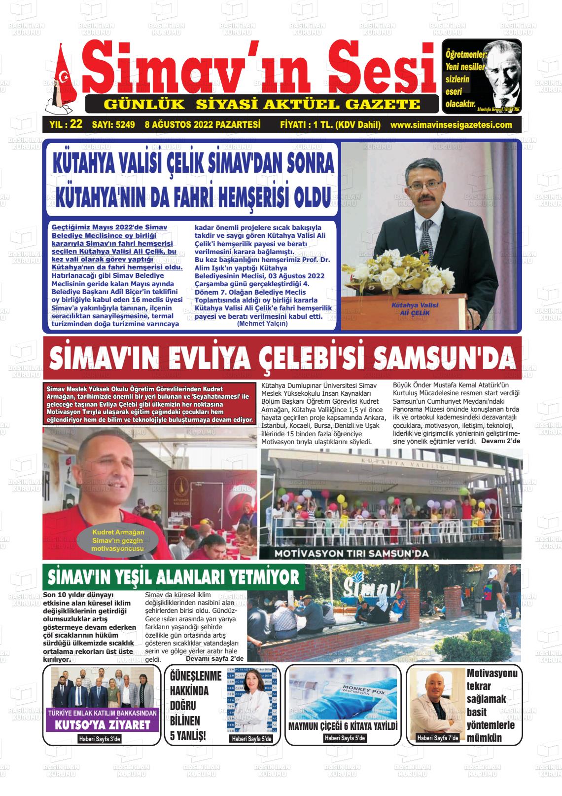 08 Ağustos 2022 Simav'ın Sesi Gazete Manşeti