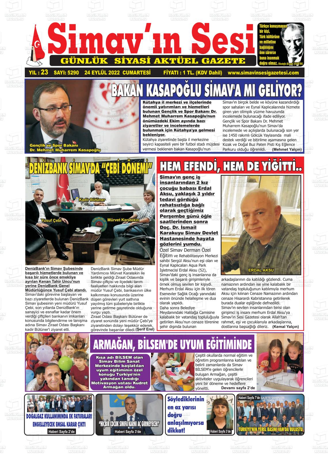 24 Eylül 2022 Simav'ın Sesi Gazete Manşeti
