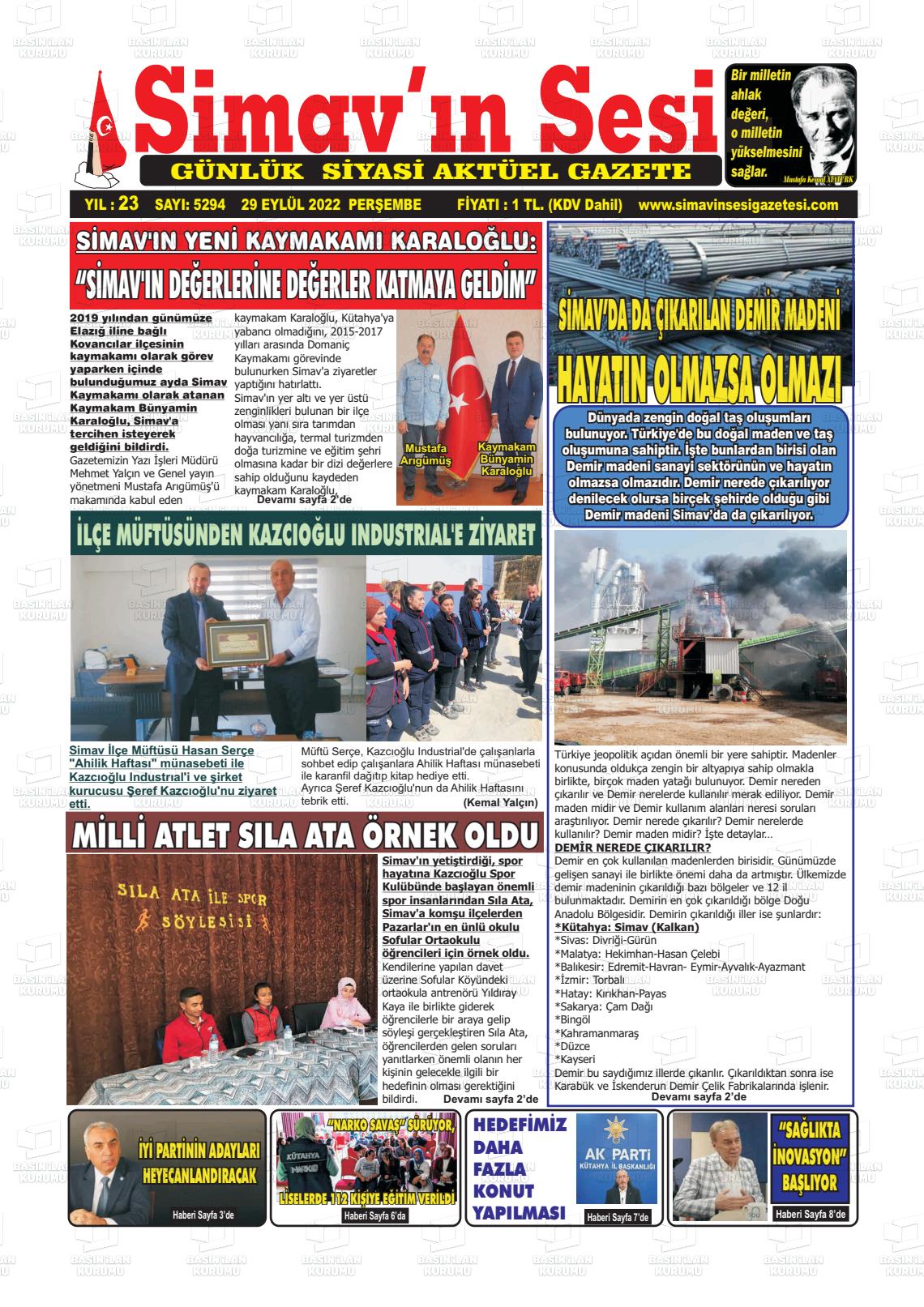 29 Eylül 2022 Simav'ın Sesi Gazete Manşeti