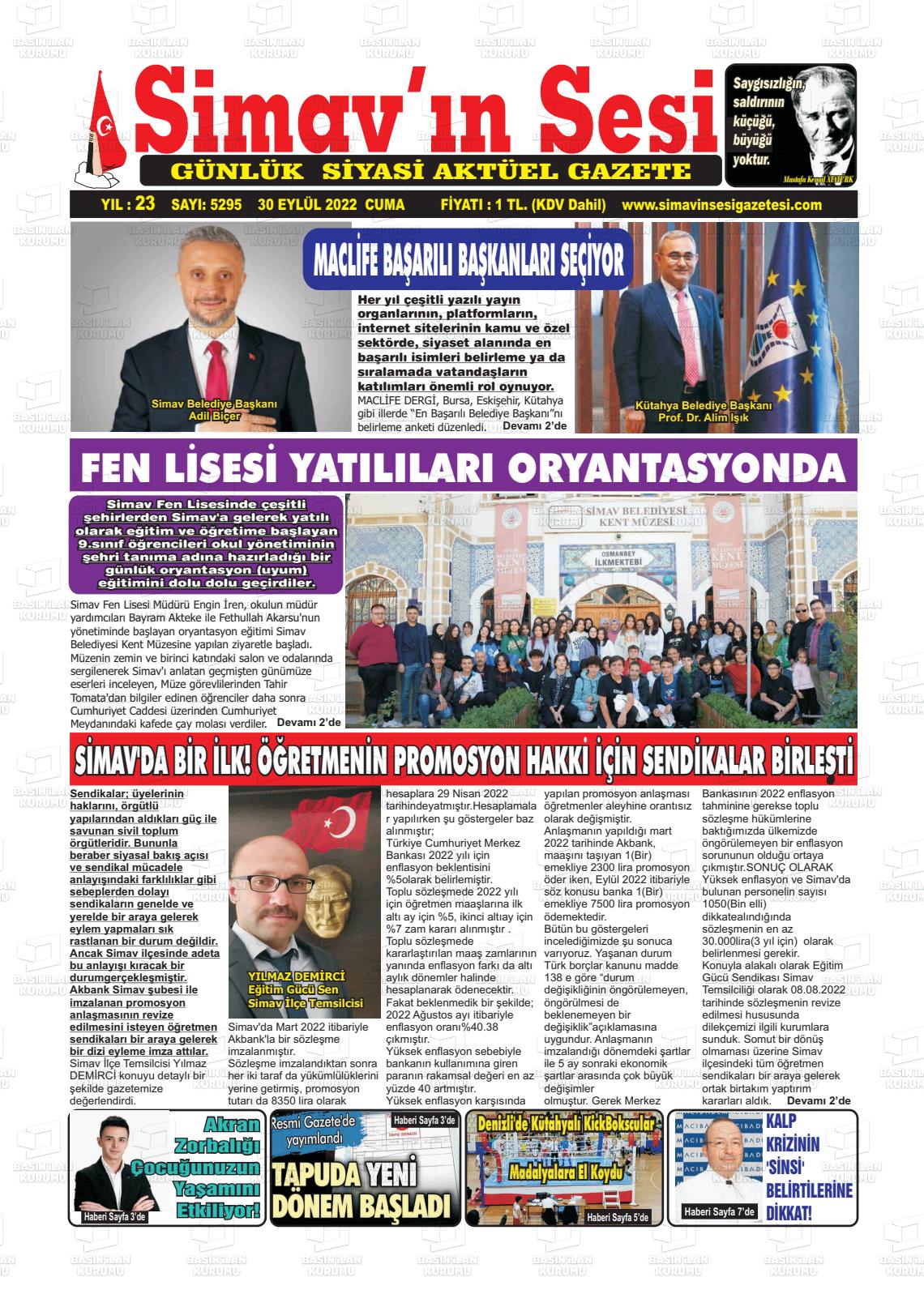 30 Eylül 2022 Simav'ın Sesi Gazete Manşeti