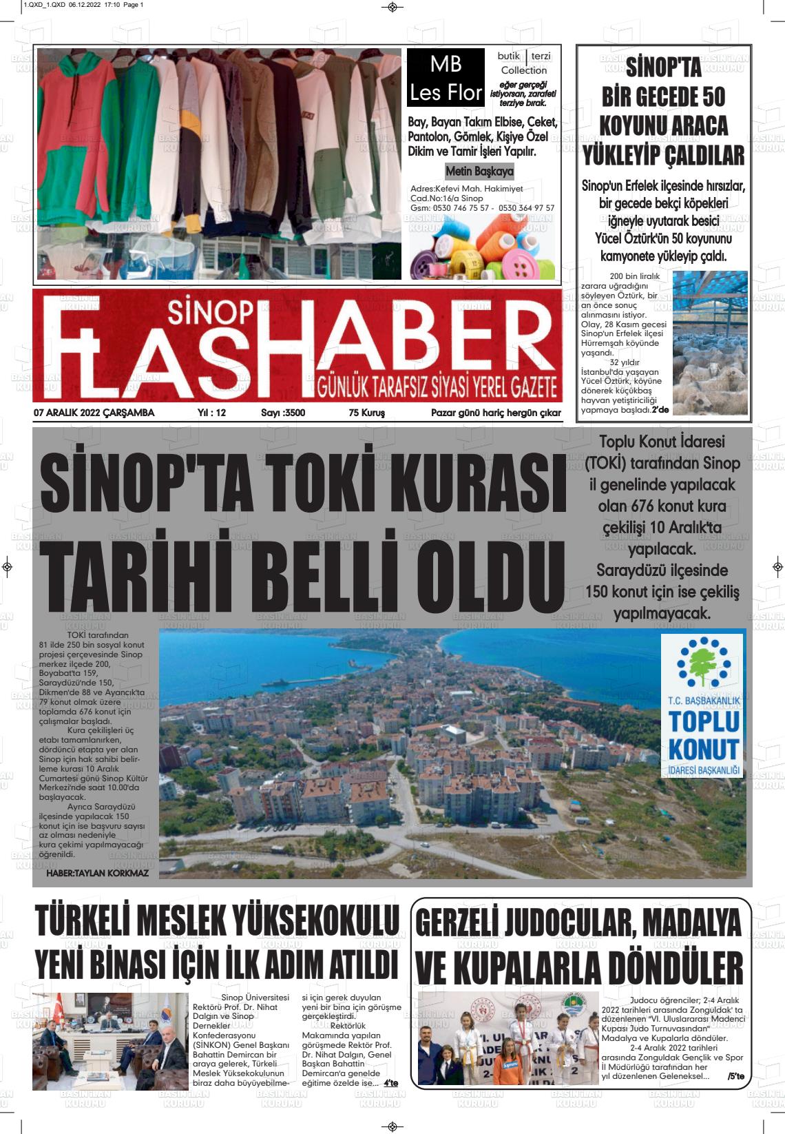 07 Aralık 2022 Sinop Flaş Haber Gazete Manşeti