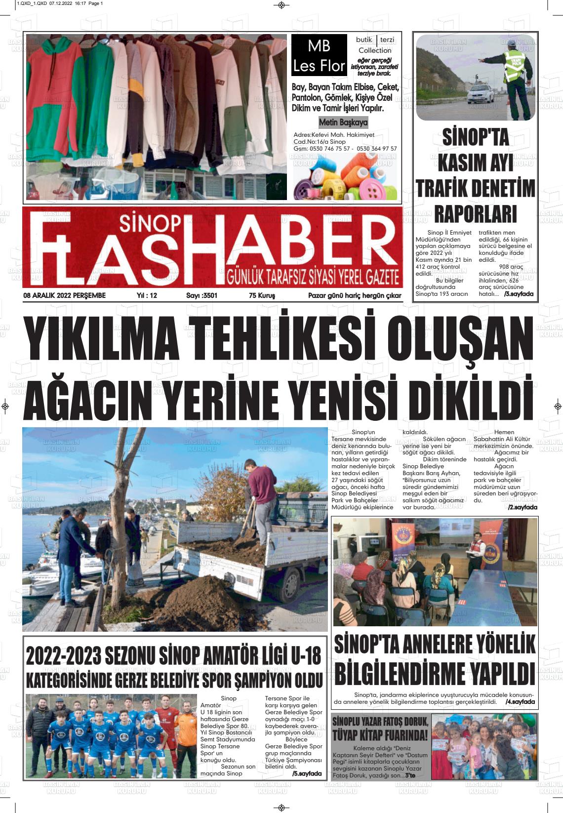 08 Aralık 2022 Sinop Flaş Haber Gazete Manşeti