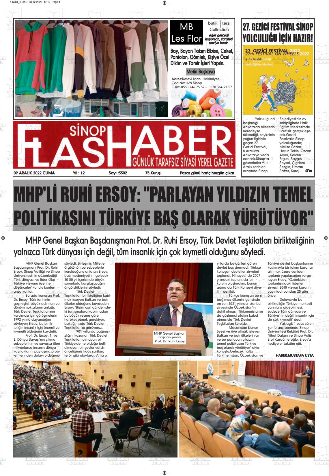 09 Aralık 2022 Sinop Flaş Haber Gazete Manşeti