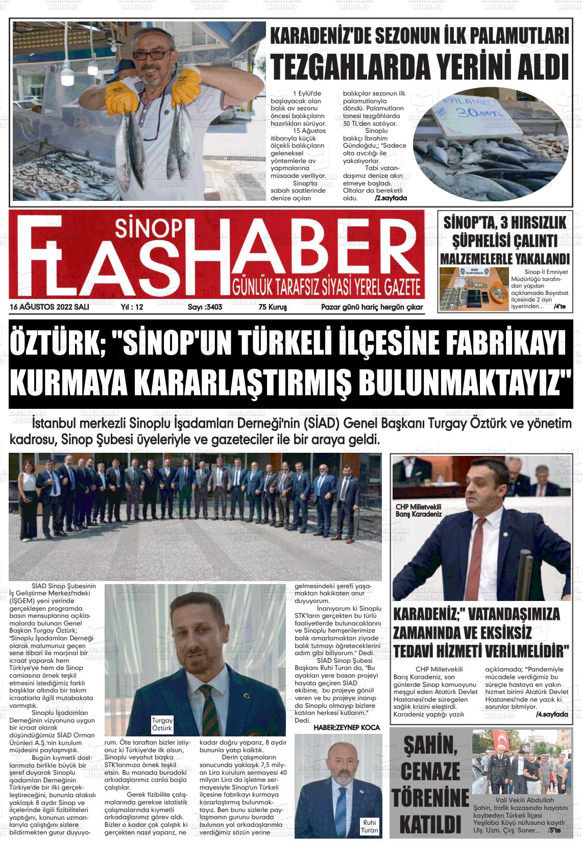16 Ağustos 2022 Sinop Flaş Haber Gazete Manşeti