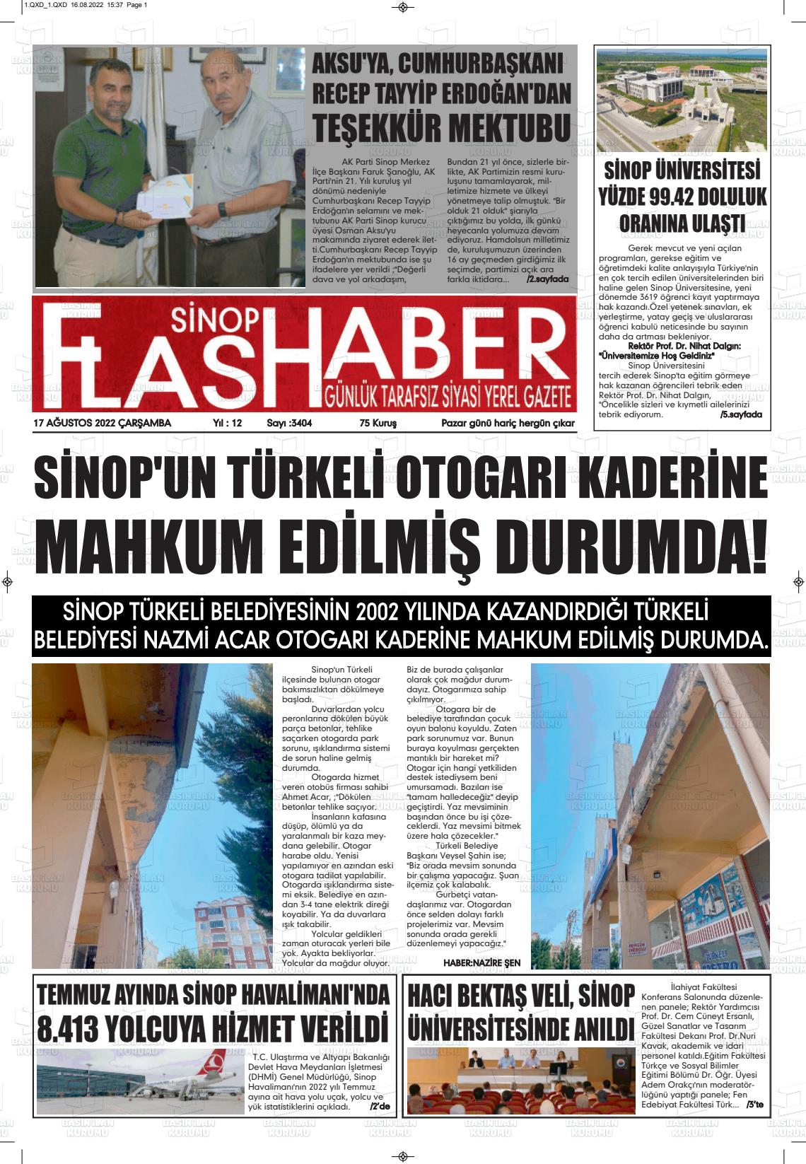 17 Ağustos 2022 Sinop Flaş Haber Gazete Manşeti