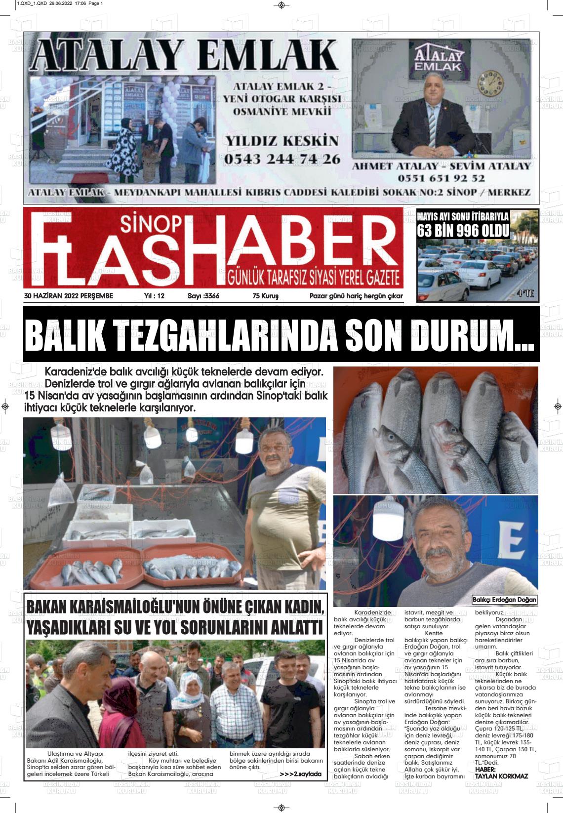 01 Temmuz 2022 Sinop Flaş Haber Gazete Manşeti