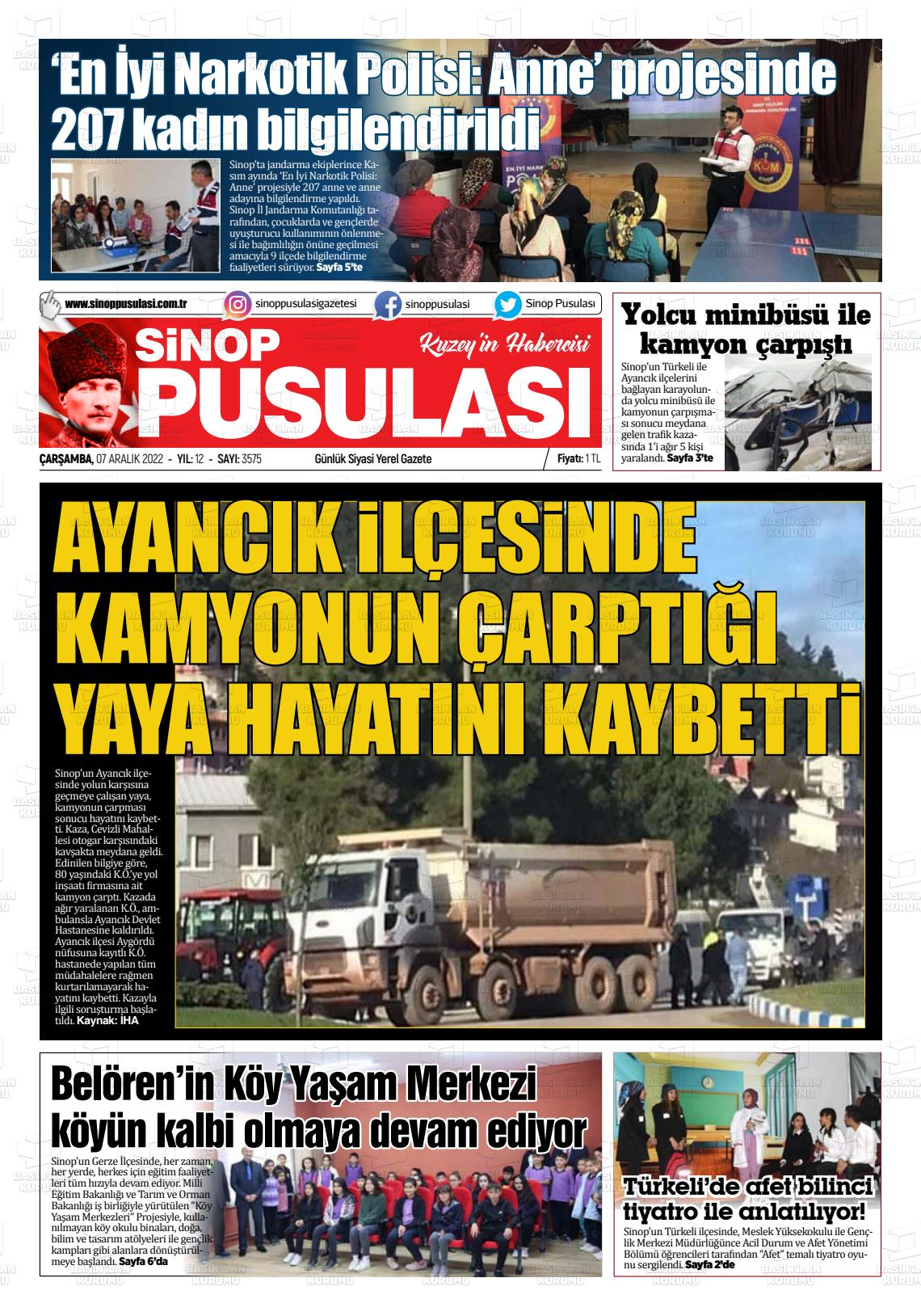 07 Aralık 2022 Sinop Pusulası Gazete Manşeti