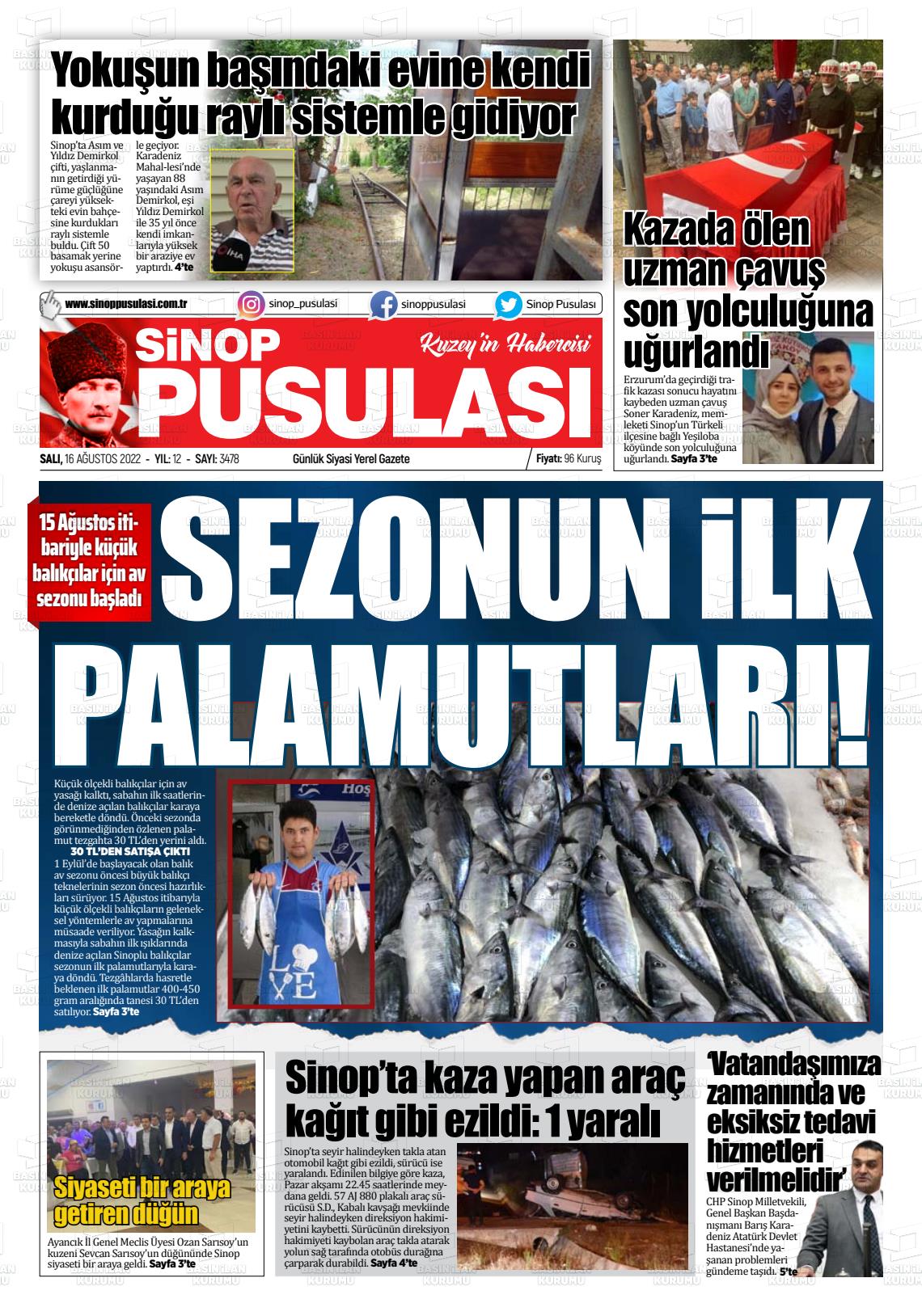 16 Ağustos 2022 Sinop Pusulası Gazete Manşeti