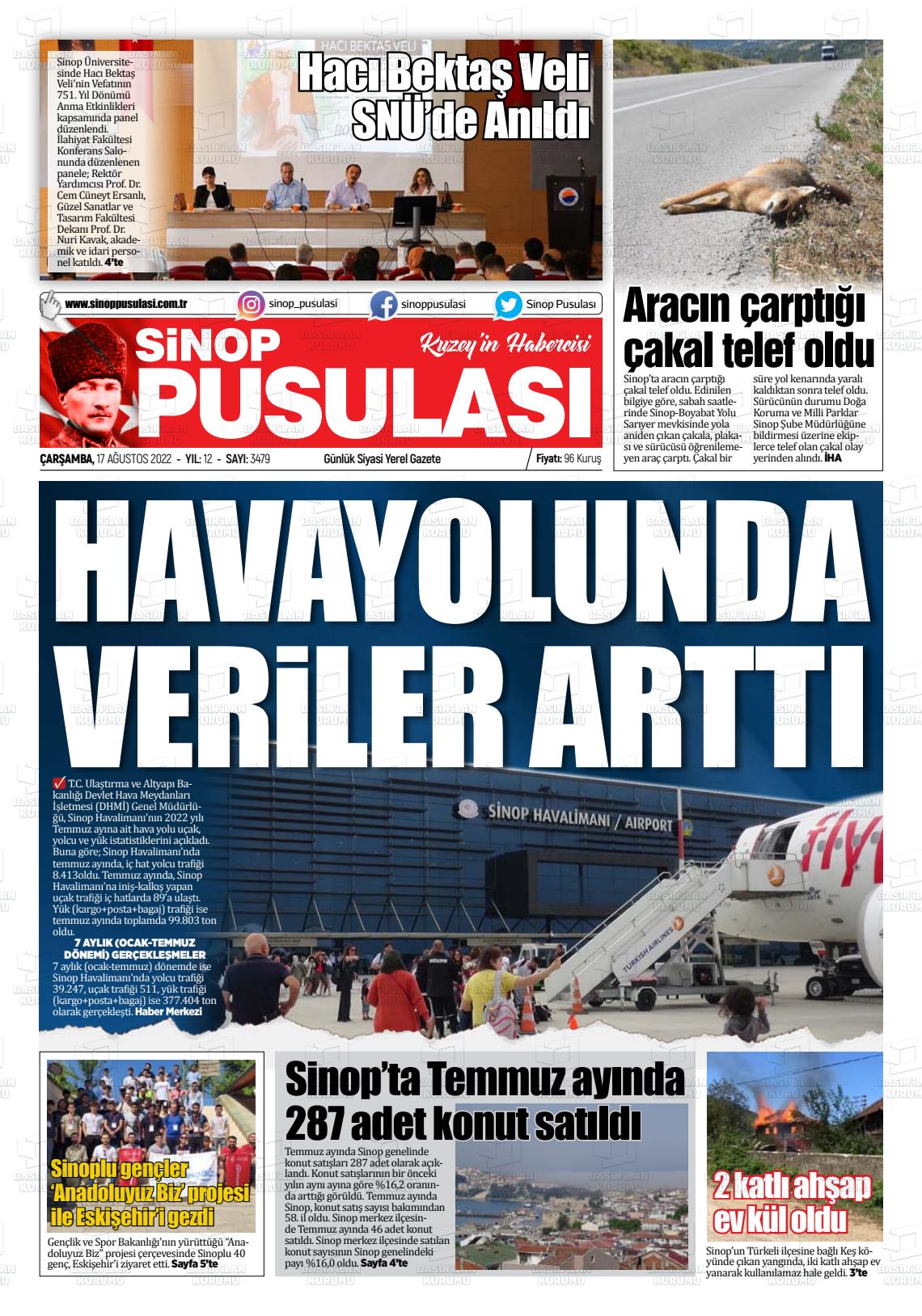 17 Ağustos 2022 Sinop Pusulası Gazete Manşeti