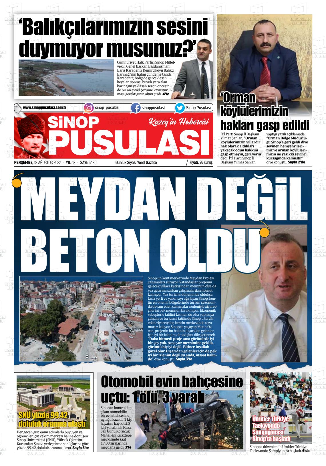 18 Ağustos 2022 Sinop Pusulası Gazete Manşeti