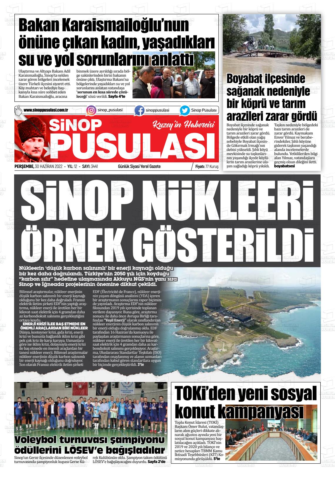 01 Temmuz 2022 Sinop Pusulası Gazete Manşeti