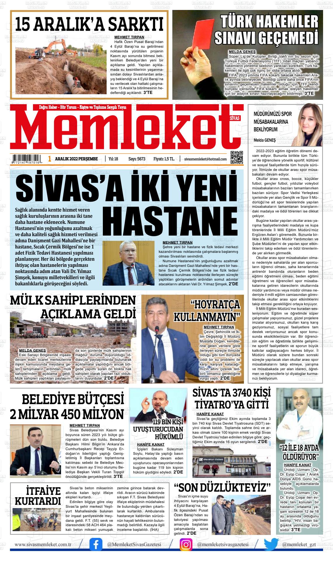 01 Aralık 2022 Memleket Sivas Gazete Manşeti