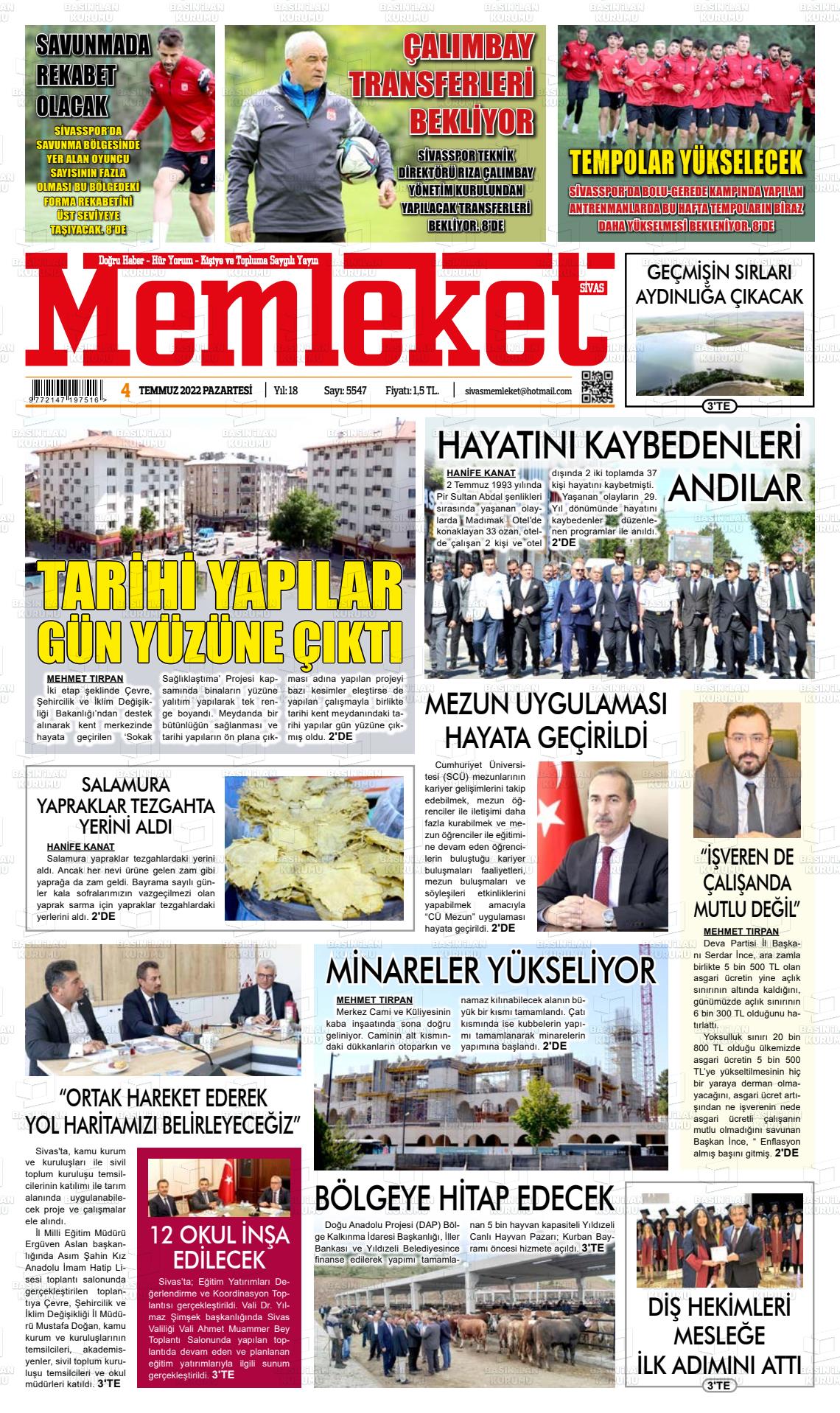 04 Temmuz 2022 Memleket Sivas Gazete Manşeti