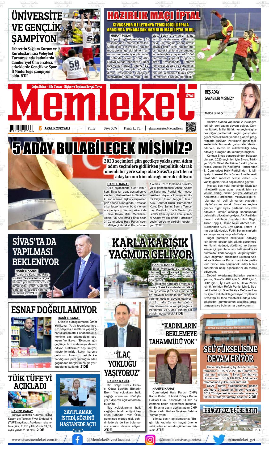 06 Aralık 2022 Memleket Sivas Gazete Manşeti