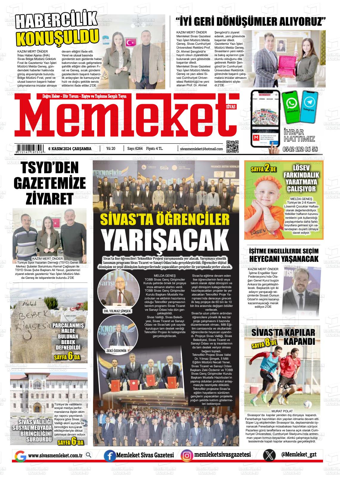 06 Kasım 2024 Memleket Sivas Gazete Manşeti