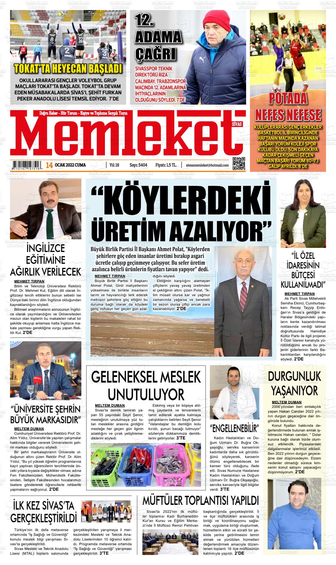 14 Ocak 2022 Memleket Sivas Gazete Manşeti