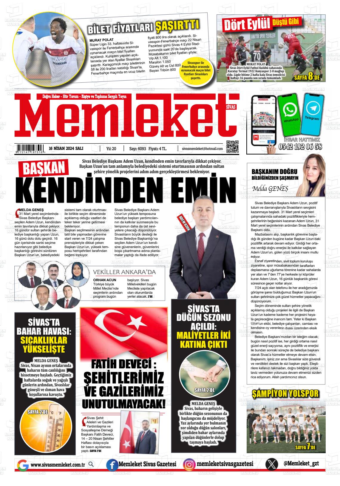 18 Nisan 2024 Memleket Sivas Gazete Manşeti