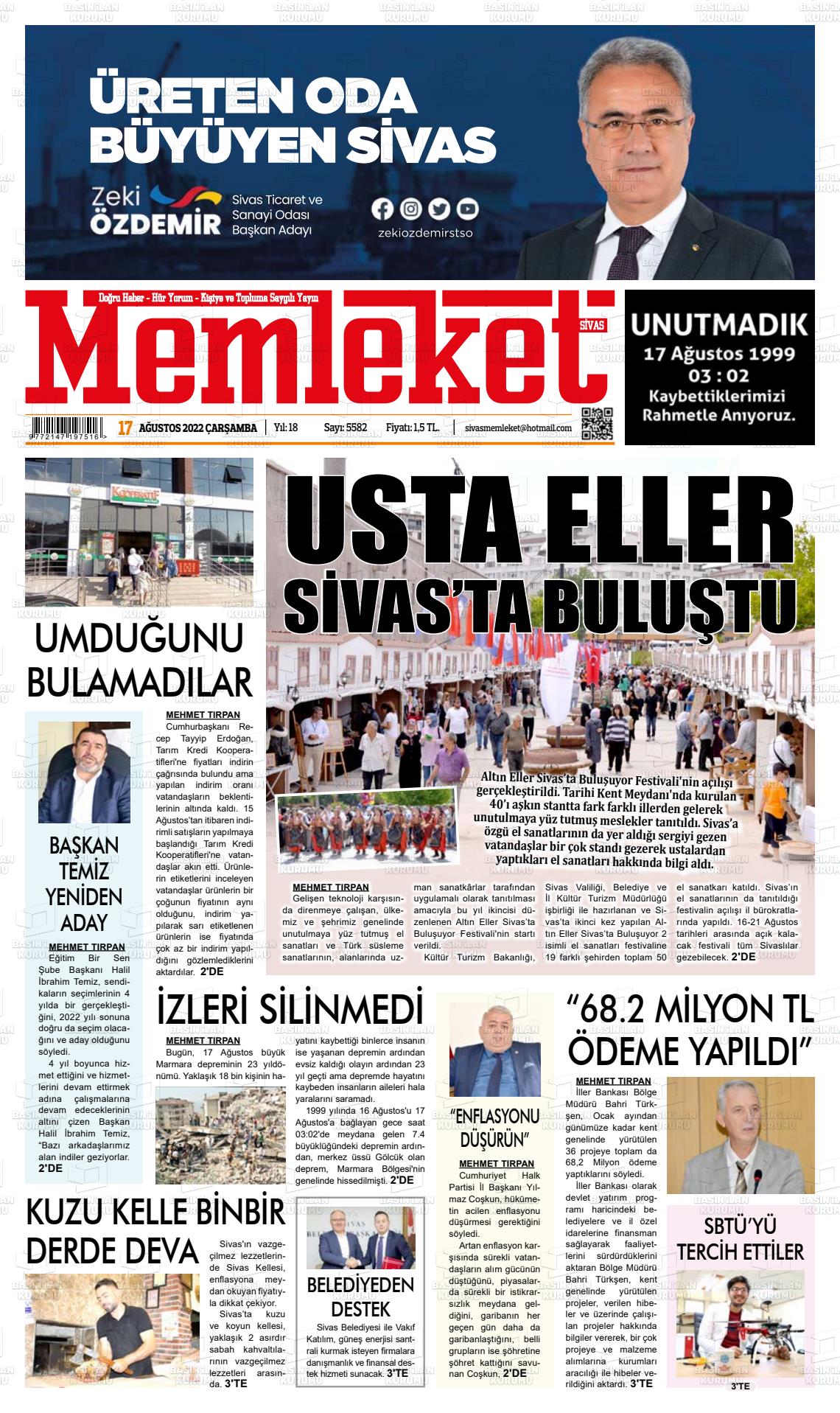 17 Ağustos 2022 Memleket Sivas Gazete Manşeti