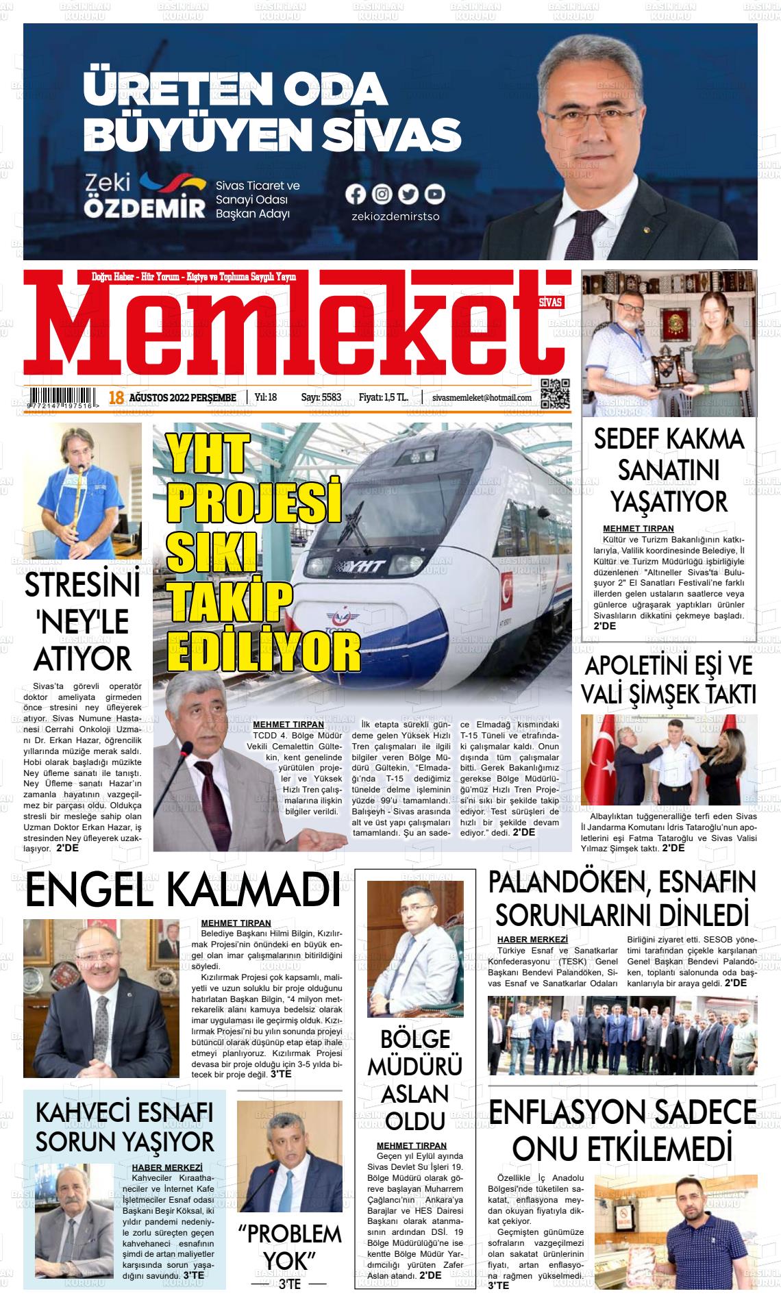 18 Ağustos 2022 Memleket Sivas Gazete Manşeti
