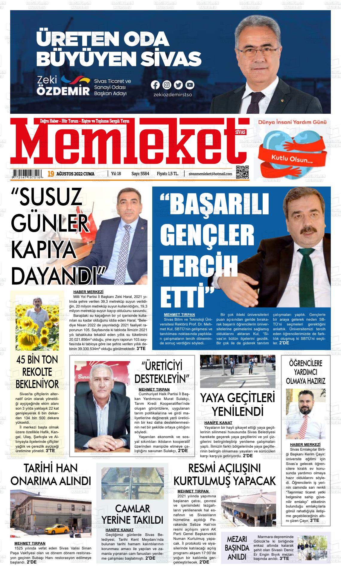 Memleket Sivas Gazete Manşeti