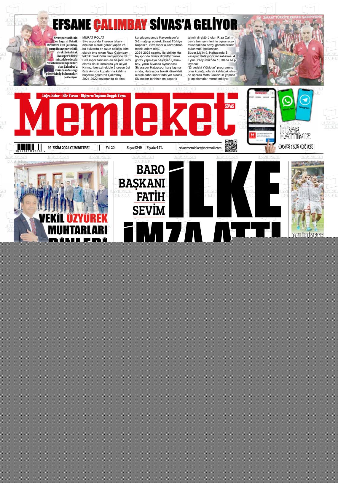 19 Ekim 2024 Memleket Sivas Gazete Manşeti