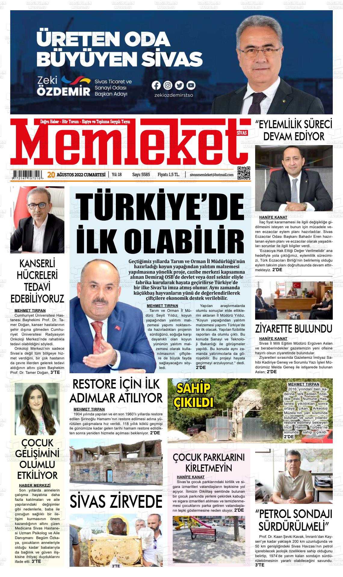 20 Ağustos 2022 Memleket Sivas Gazete Manşeti