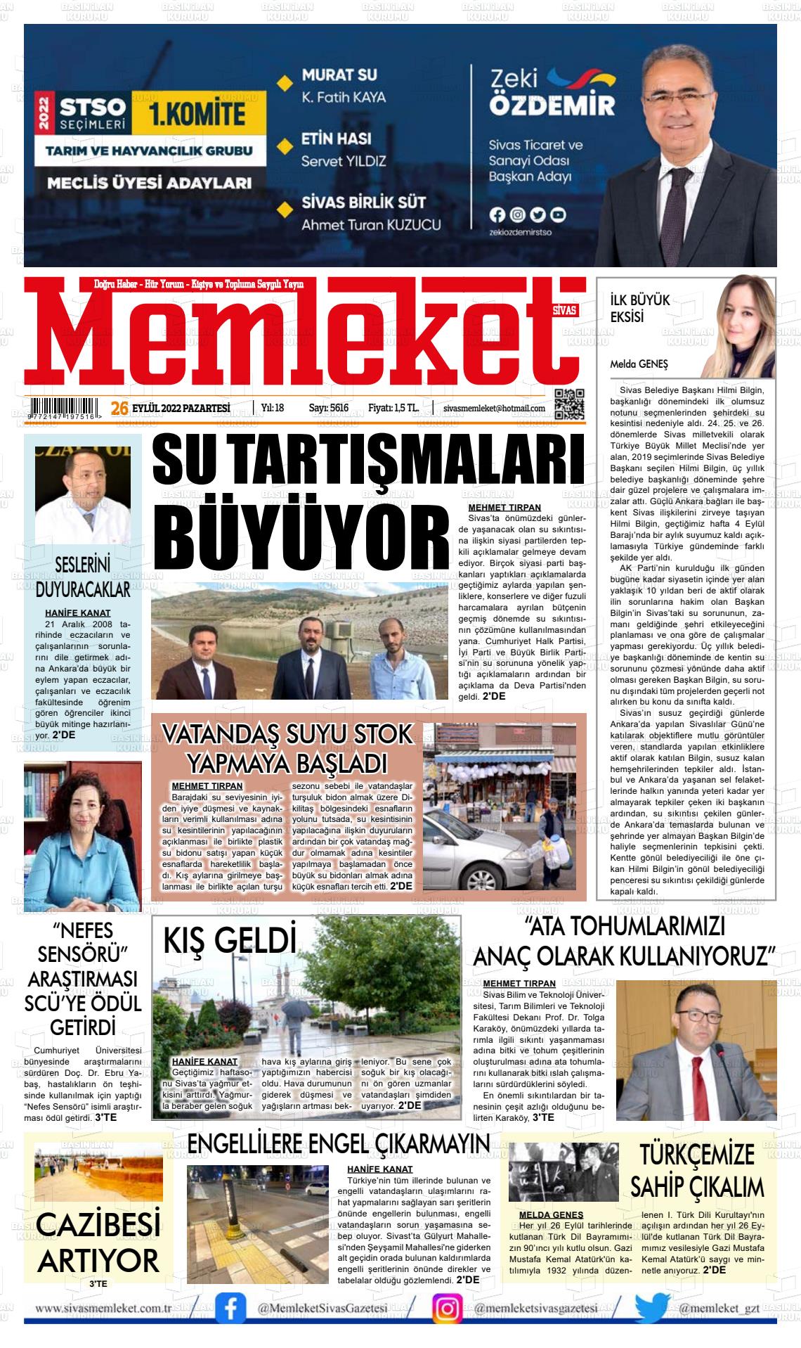 26 Eylül 2022 Memleket Sivas Gazete Manşeti