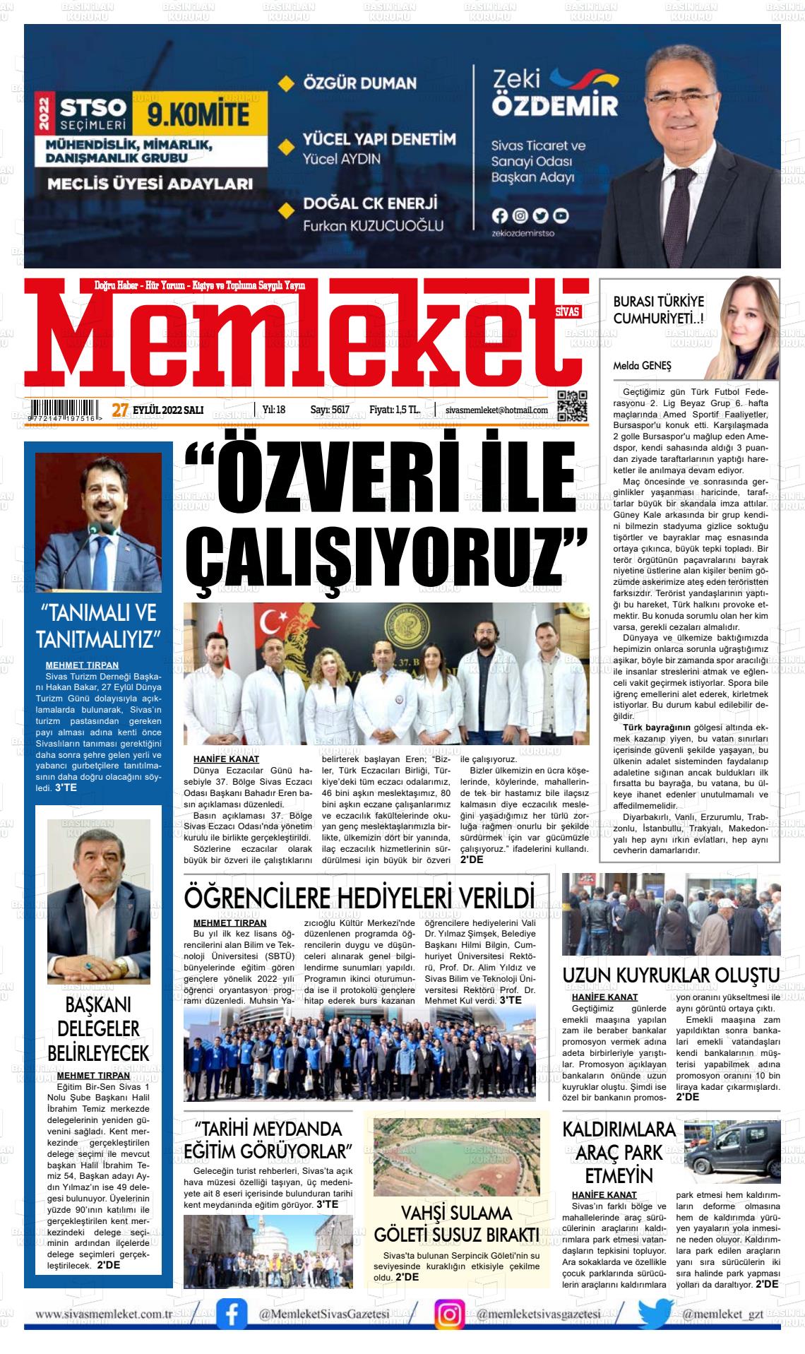 27 Eylül 2022 Memleket Sivas Gazete Manşeti