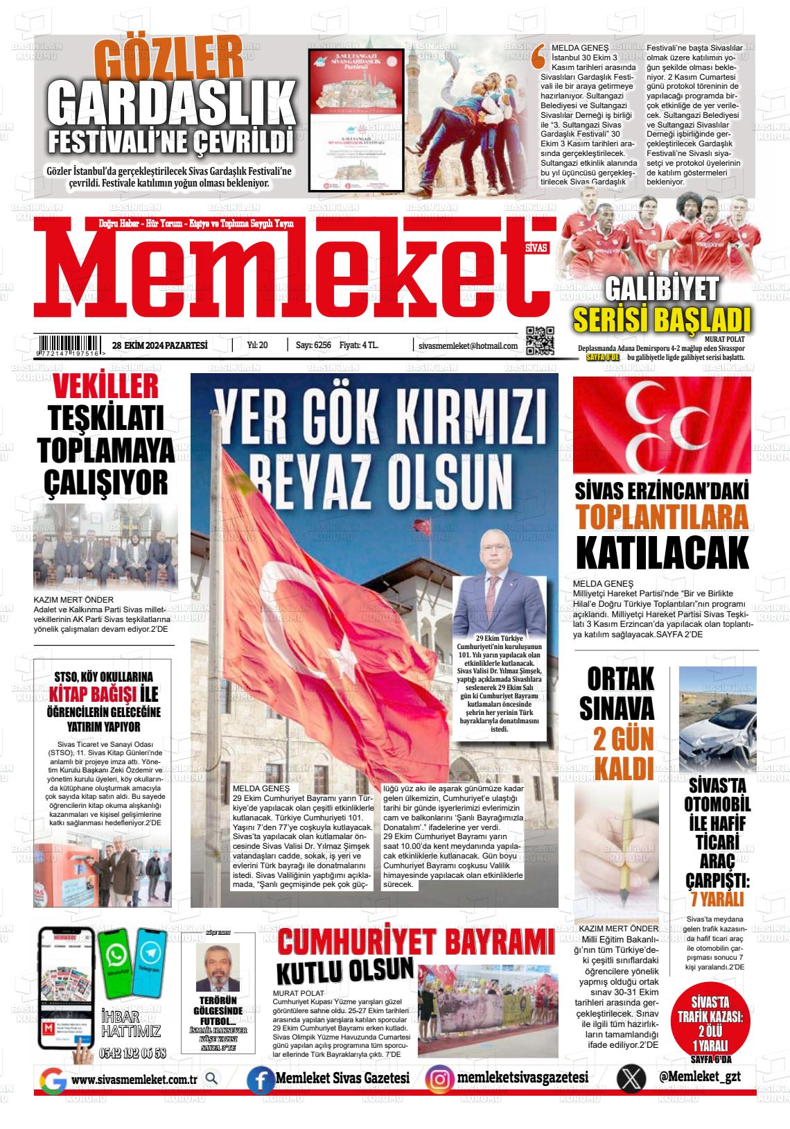 28 Ekim 2024 Memleket Sivas Gazete Manşeti
