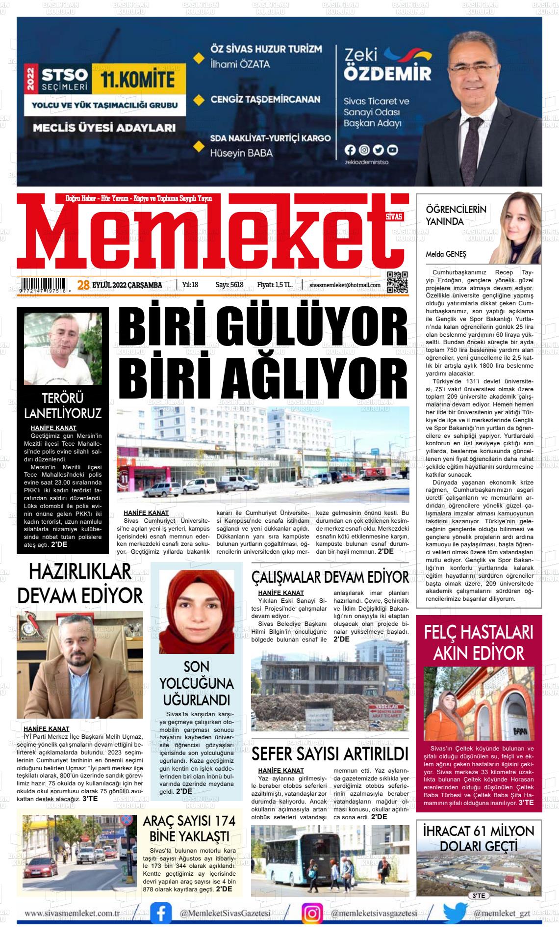 28 Eylül 2022 Memleket Sivas Gazete Manşeti
