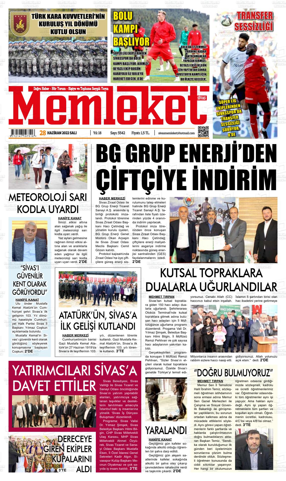 28 Haziran 2022 Memleket Sivas Gazete Manşeti