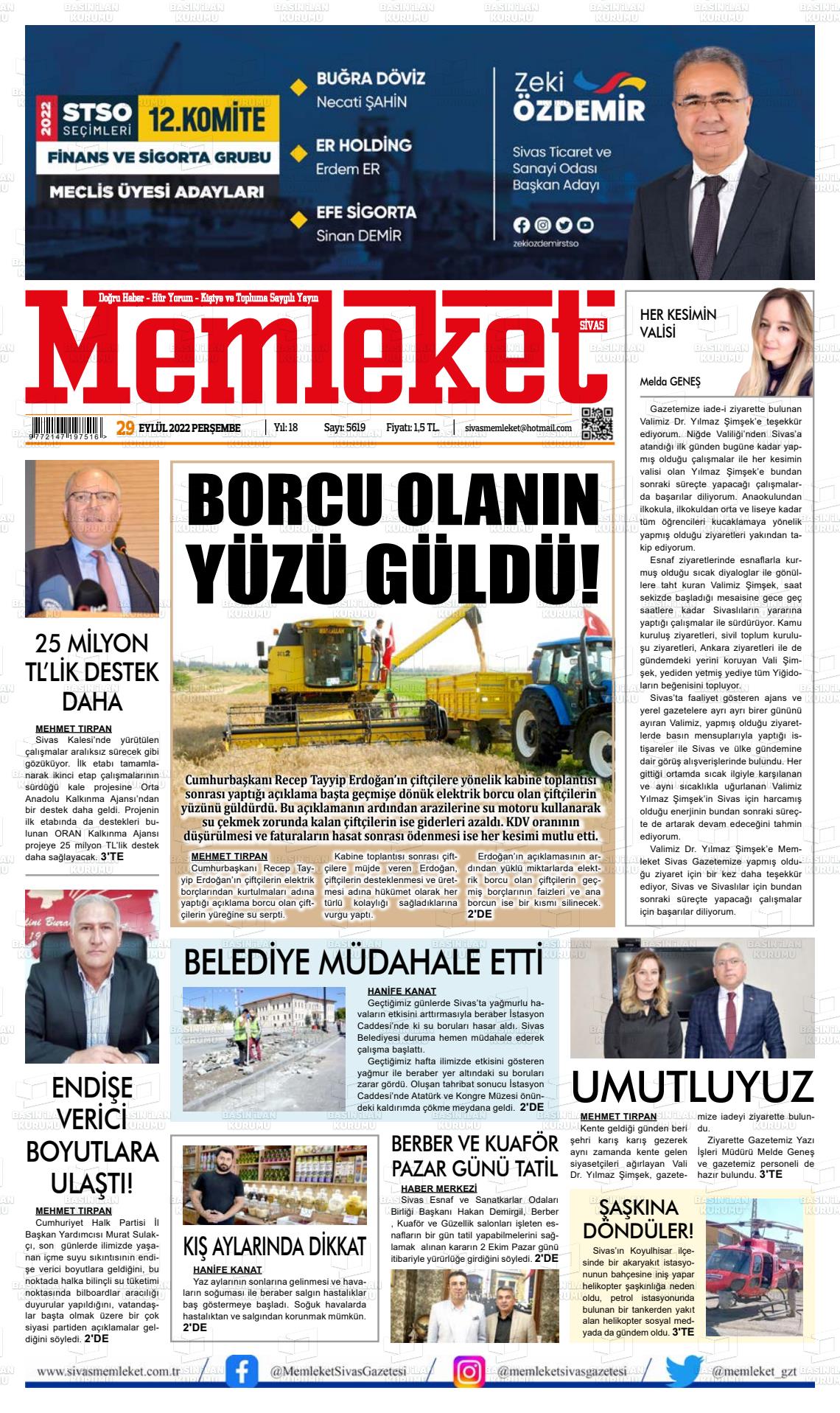29 Eylül 2022 Memleket Sivas Gazete Manşeti