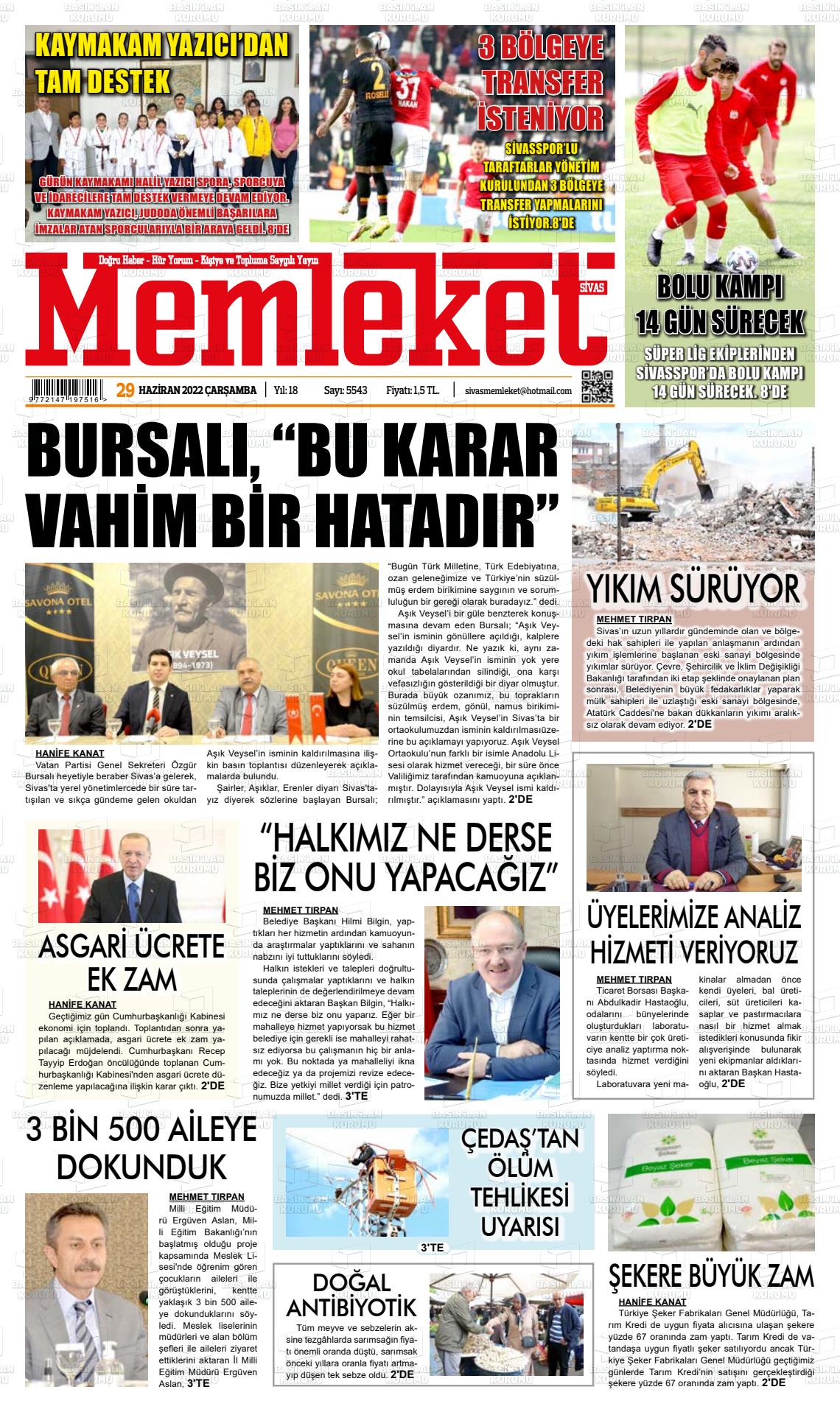 29 Haziran 2022 Memleket Sivas Gazete Manşeti