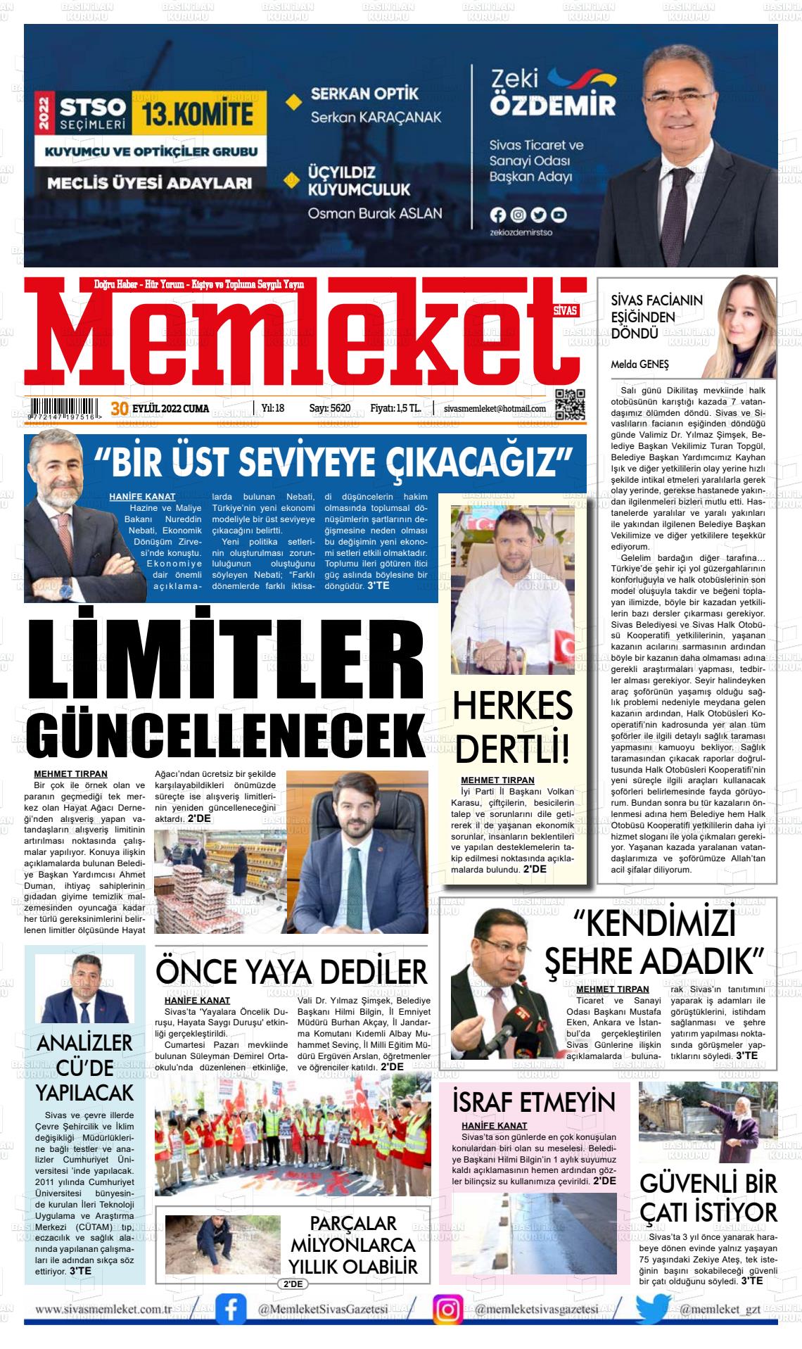 30 Eylül 2022 Memleket Sivas Gazete Manşeti