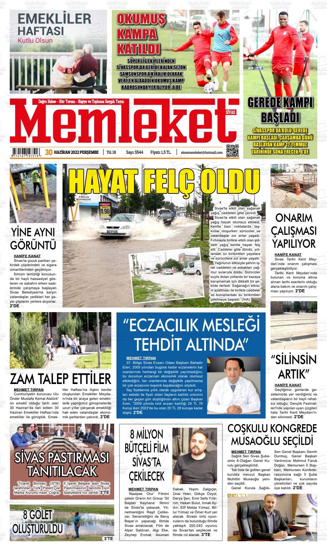 01 Temmuz 2022 Memleket Sivas Gazete Manşeti