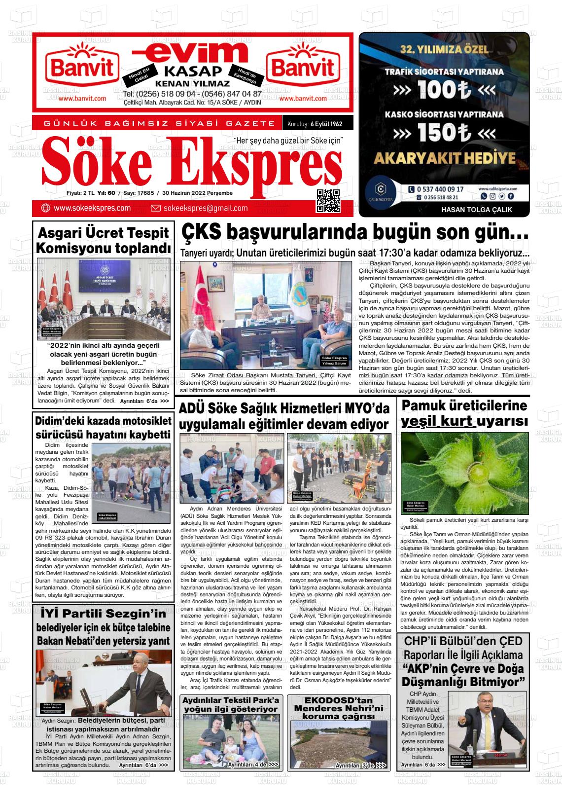 30 Haziran 2022 Söke Ekspres Gazete Manşeti