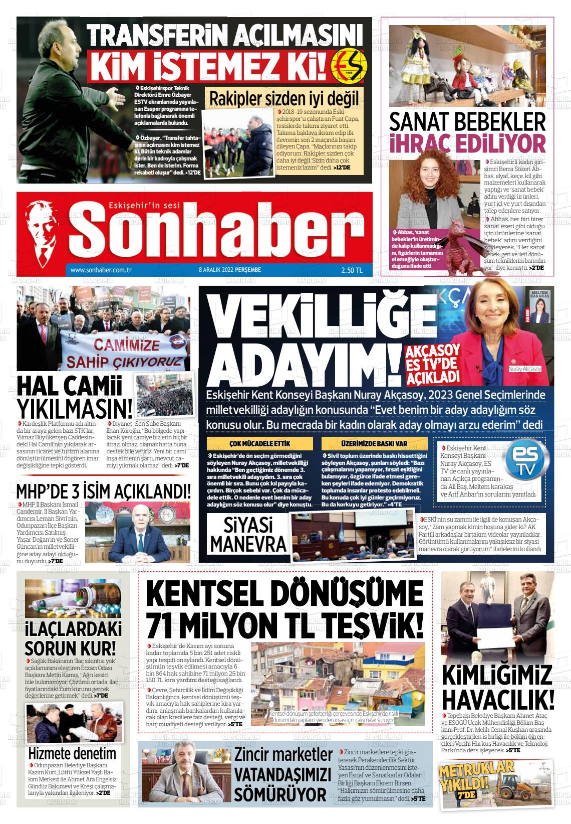 08 Aralık 2022 Eskişehir Son Haber Gazete Manşeti