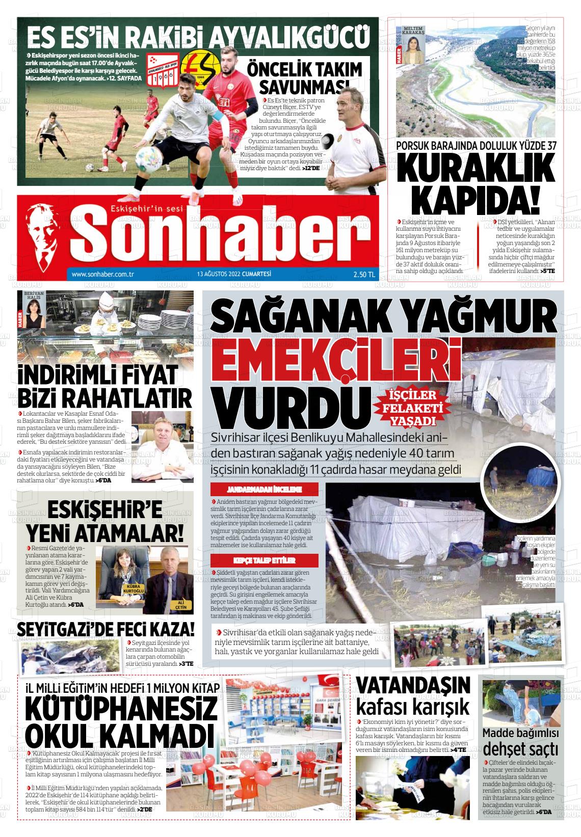 13 Ağustos 2022 Eskişehir Son Haber Gazete Manşeti